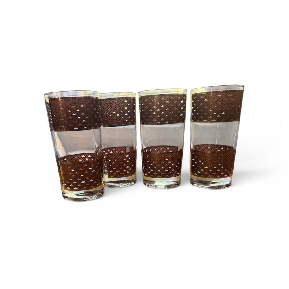 (4) Vintage Georges Briard MCM Highball Tumbler 22KT gold basketweave glasses